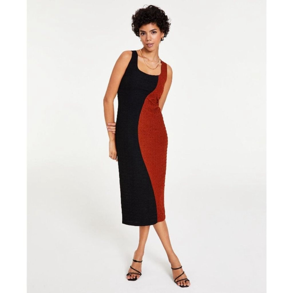 BAR III Women's Small Square Neck Black and Brown Color Blocked Midi Dress NWT